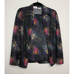 Lady Carol 2-Piece Set Lightweight Jacket w/Skirt Black w/Confetti Pattern Vntg
